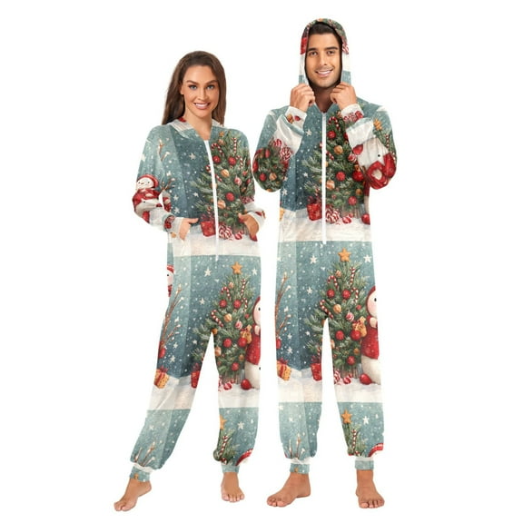 Adult Christmas Onesie A Cute Snowman in Red Clothes Zipper One-Piece Pajamas Unisex with Pockets