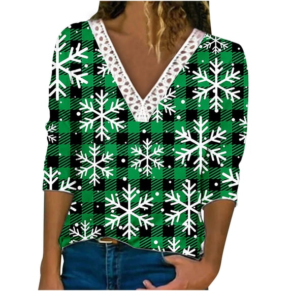 Fall Christmas Printed Tops for Women Crochet Lace Trim V Neck T Shirts Casual Loose Pullover Tee Shirts Tunic Blouses