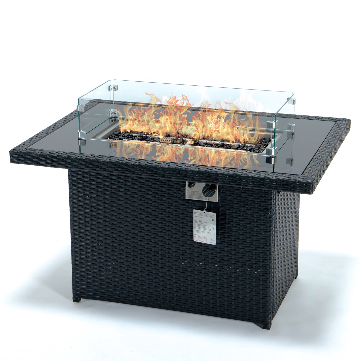 LeisureMod Wicker 55,000 BTU Fire Pit Table with Removable Lid and Tempered Glass Shield Propane Tank Storage for Modern Home, Patio, Backyard Garden Mace Collection in Black