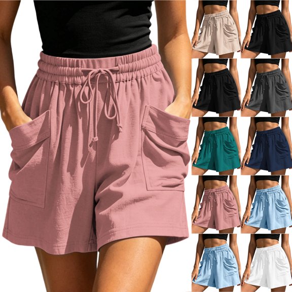 Bloomae Womens Elastic Waist Wide Leg Shorts Lightweight Drawstring Casual Lounge Short Pants Loose Comfy Summer Beach Vacation Shorts with Pockets