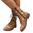 thumbnail image 2 of XIMIN Women's Combat Boots Elegant Mid Calf Boots Vintage Flower Design Lace Up Leather Chunky Block Mid Heels High Flat Boots Wide Calf Round Toe Boots, 2 of 4