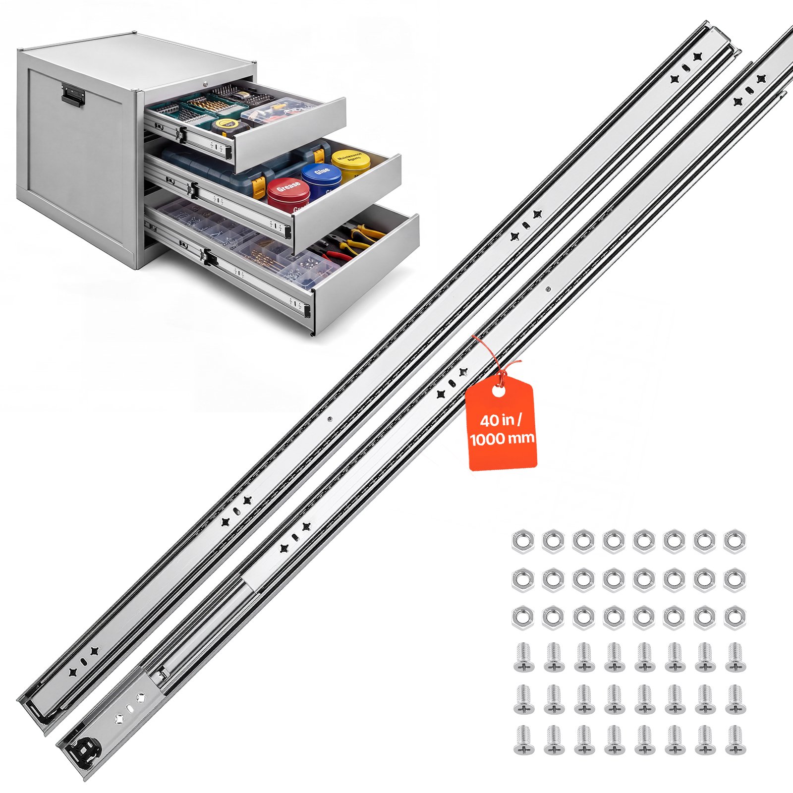 VEVOR Heavy Duty Drawer Slides 40 inch 265 lbs Load Side Mount Rails for Cabinets Kitchen Workbench RV 3-Fold Full Extension Ball Bearing Rails Carbon Steel with Screws & Nuts 1 Pair