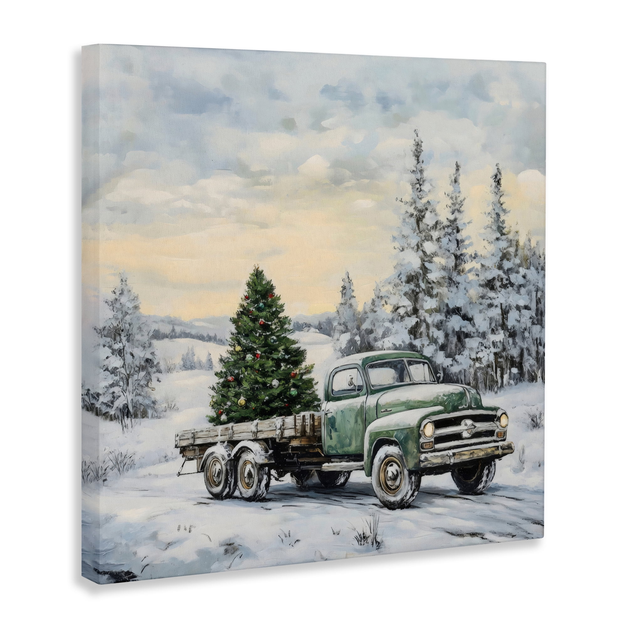 Green Christmas Tree Truck Canvas Wall Art, design by Petal Prints Design