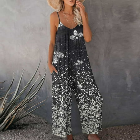 

Wide Leg Jumpsuits for Women Adjustable Straps Women s Casual V Neck Long Pants Soft Adjustable Spaghetti Strap Loose Wide Leg Jumpsuit Romper with Pockets
