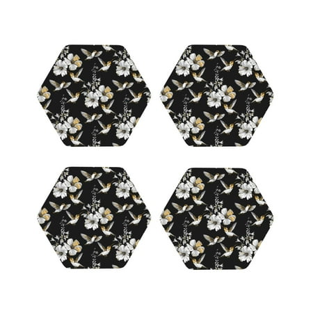 

Leather Coasters Set of 4 - White Flowers Hummingbirds Lightweight Non-Slip Drink Coasters for Desk Anti-Scalding Desk Cup Coasters for Office Table Decor Hexagon