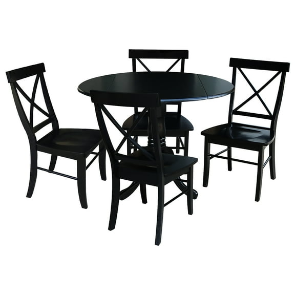 International Concepts Solid Wood 5-Piece Dining Set with 42 in. Dual Drop Leaf Table and 4 Cross Back Dining Chairs in Black