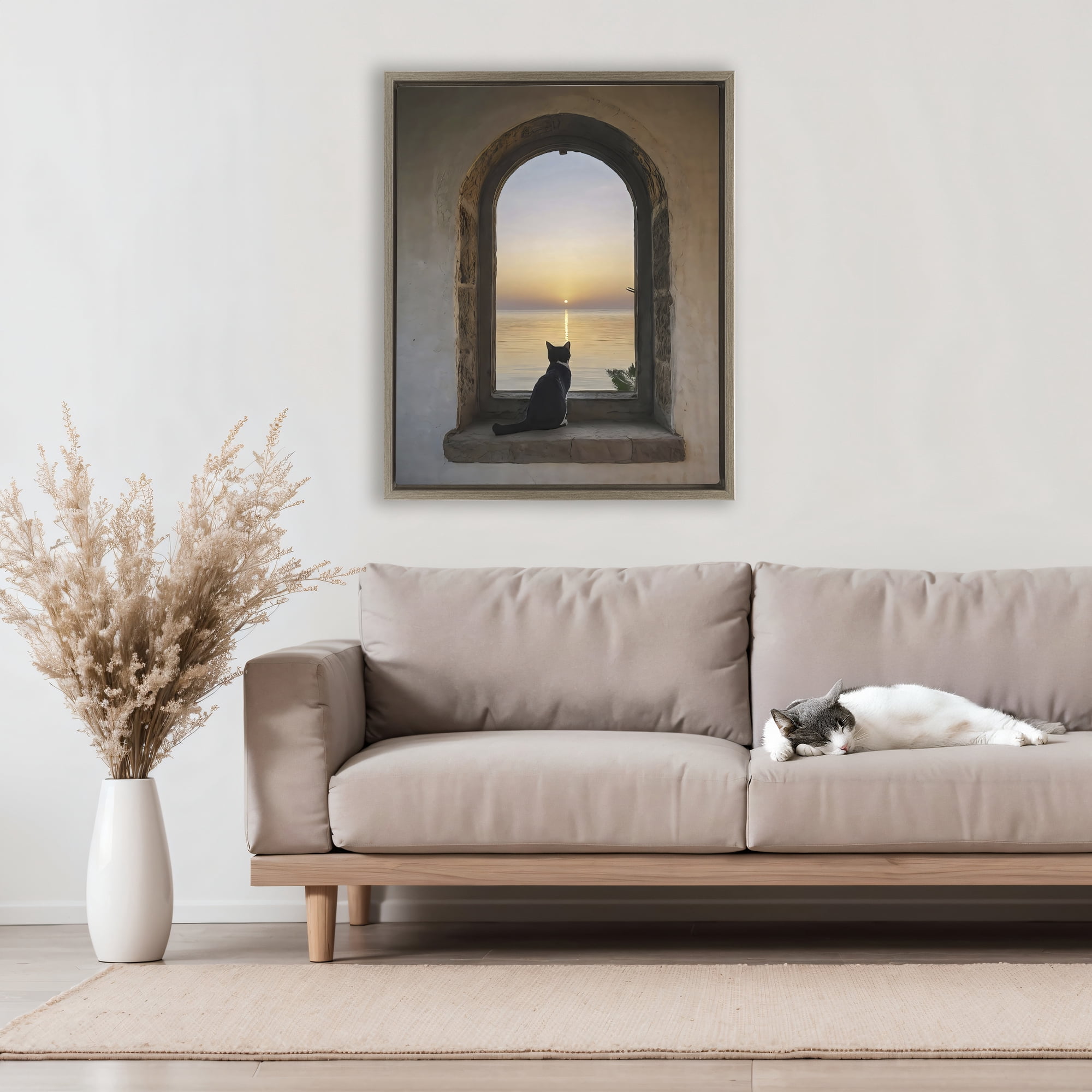 Stupell Industries Cat Overlooking Water at Sunset Brown Framed Floater Canvas Wall Art, design by Creative Studio