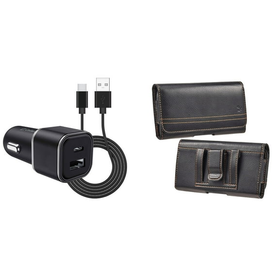 Holster and Car Charger Bundle for Nuu X6 Plus: Horizontal Pro Belt Pouch Case (Black) and Compact High Power 30W Dual USB Port (Type-C & USB-A) Auto Power Adapter