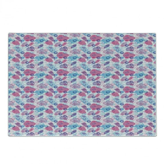 Blue and Pink Cutting Board, Summer Pattern with Leaves on Bubble Rounds in Vibrant Colors, Decorative Tempered Glass Cutting and Serving Board, in 3 Sizes, by Ambesonne