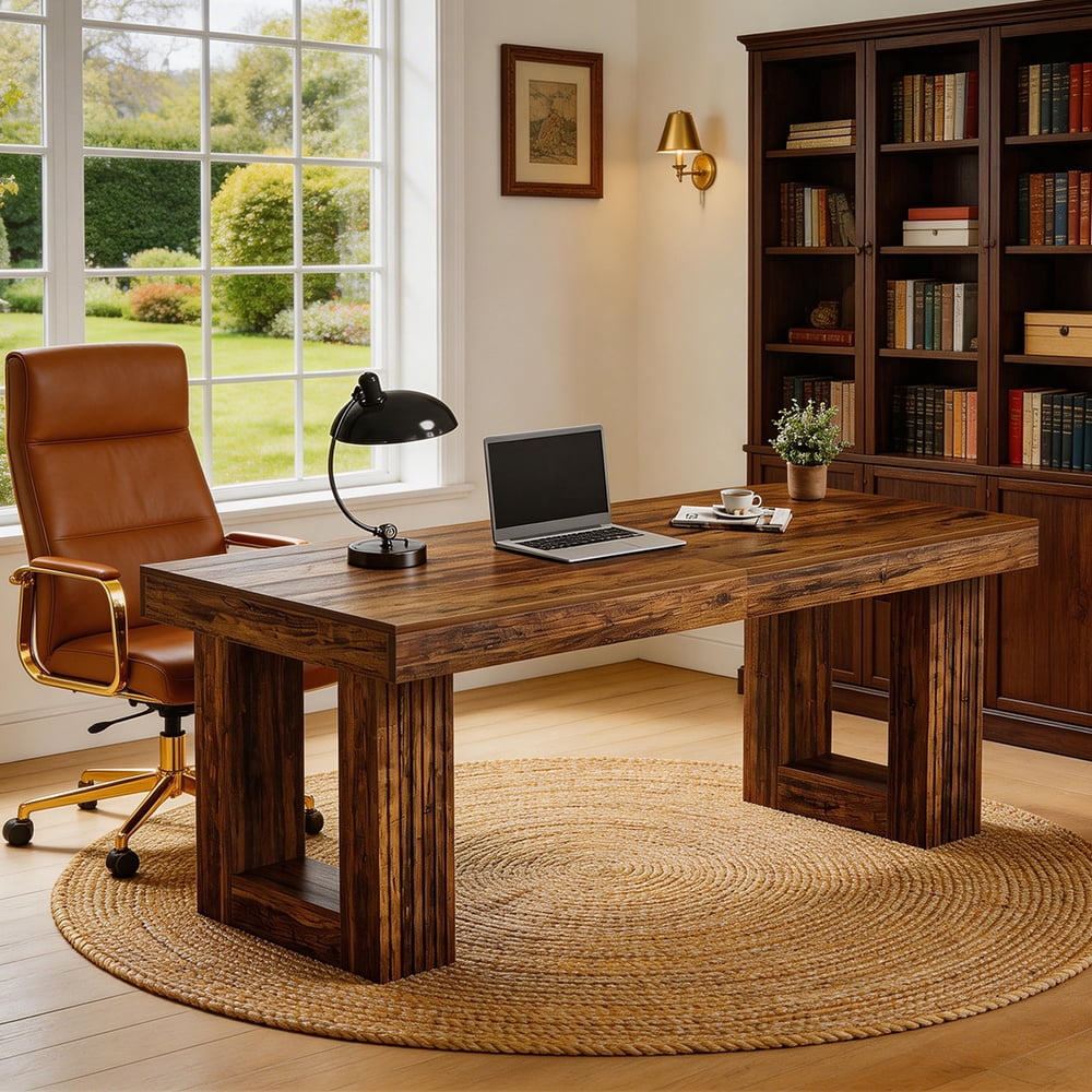Finmind 86.6" Extra Long Double Desk for Two People, 2-Person Computer Desk with Large Workspace, Wooden Writing Table for Home Office, Rustic Brown