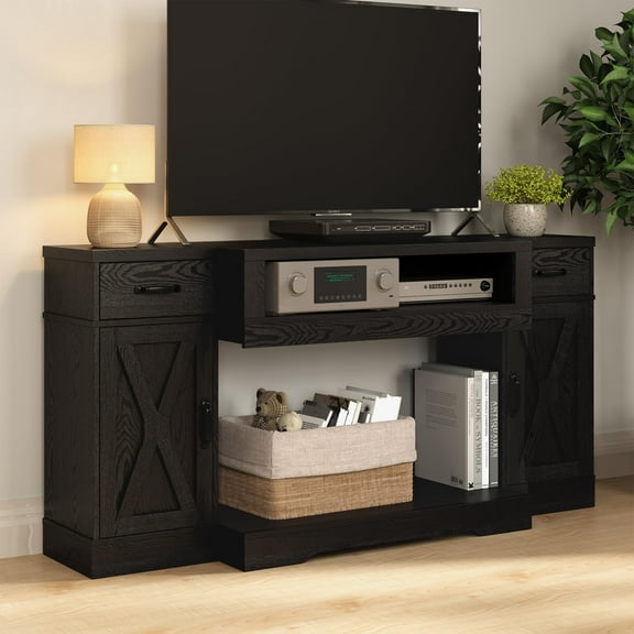 Heynemo Farmhouse TV Stand for TVs up to 75", Media Console Table with Adjustable Shelves, Double-Door Design, Black
