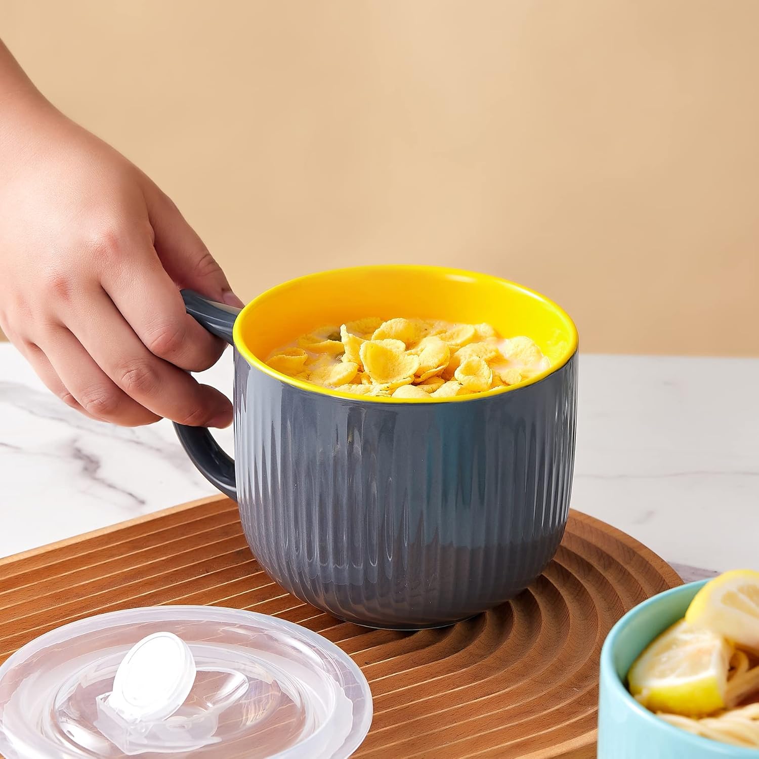 Ceramic Soup Bowls with Handle and Vented Lid, 32oz Large Wide