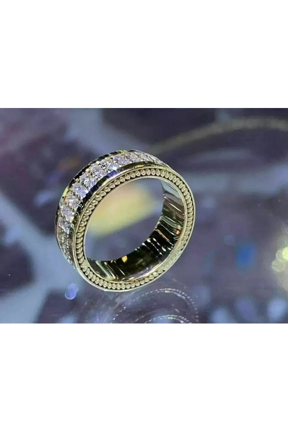 2Ct Round Cut Simulated Diamond Full Eternity Men's Wedding Band Ring 14k Yellow Gold Plated Silver