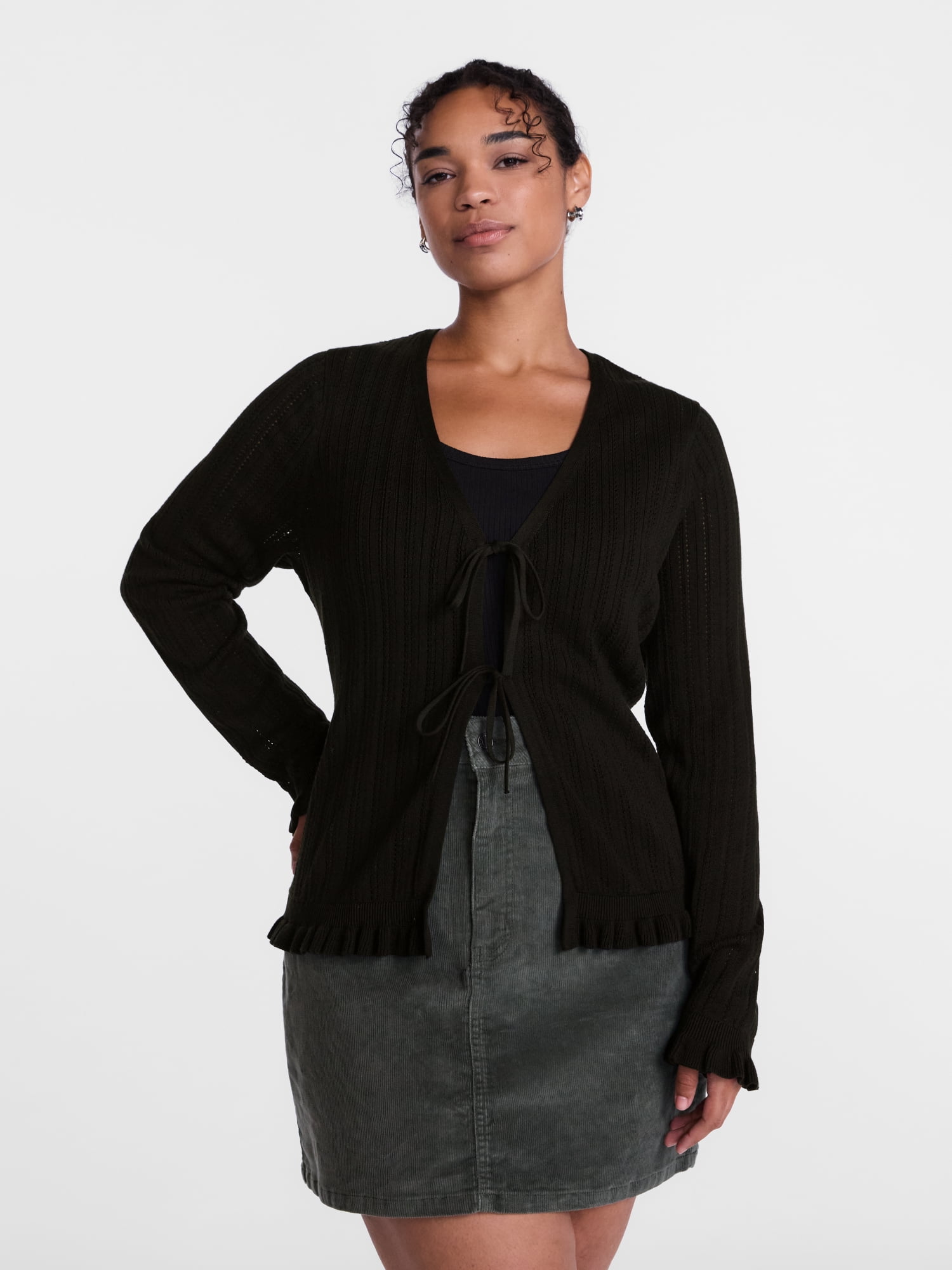 Scenario Women's Eyelet Tie Front Cardigan, Lightweight, Sizes XS-XXXL