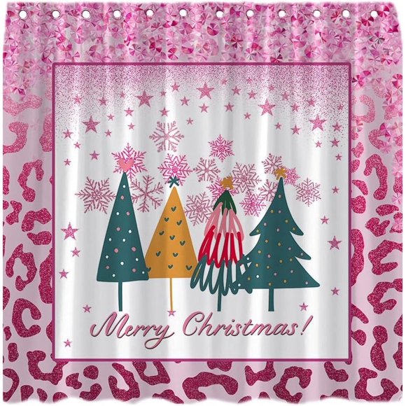 Christmas Tree Shower Curtain Check Plaid Xmas Trees Snowflake Leopard Winter Holiday Festival Fabric Bathroom Curtain with Hook