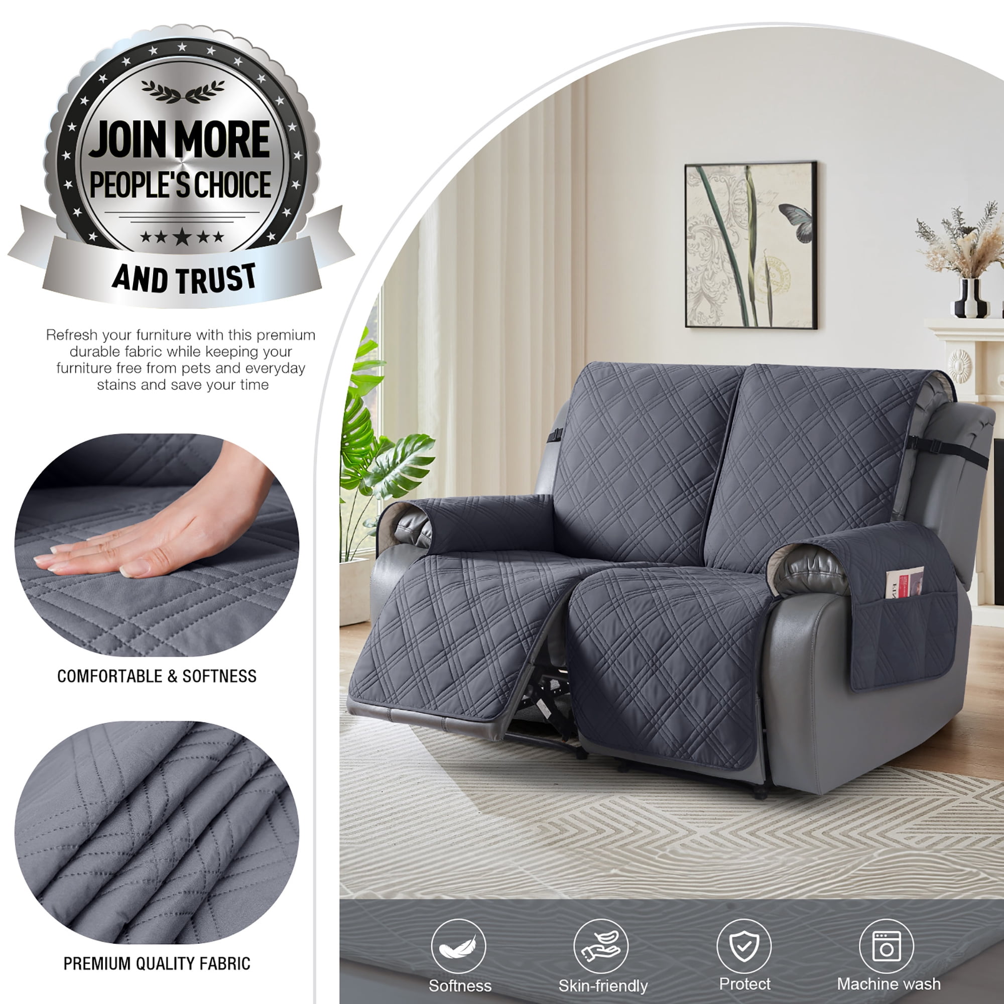TAOCOCO Waterproof Recliner Couch Covers, Anti-Slip Sofa Slipcovers for Reclining 2 Seater Couch, Split Sofa Cover for Each Seat with Pockets Pets Furniture Protector,Dark Gray