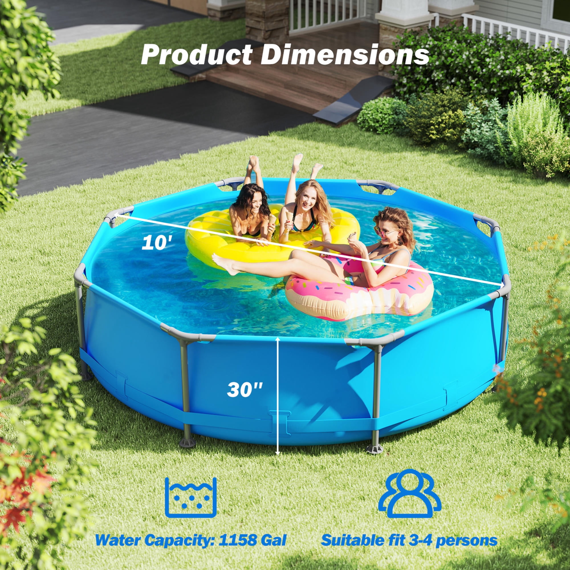 10ft Round Metal Frame Above Ground Pool, 1158 Gallon Family Swimming Pool with Triple-Layer PVC Liner for Backyard, Patio