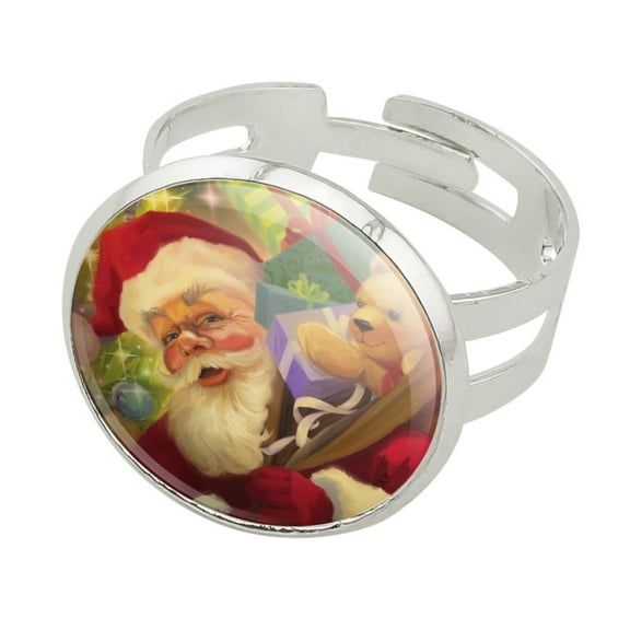 Christmas Holiday Santa Jolly Sparkle Silver Plated Adjustable Novelty Ring