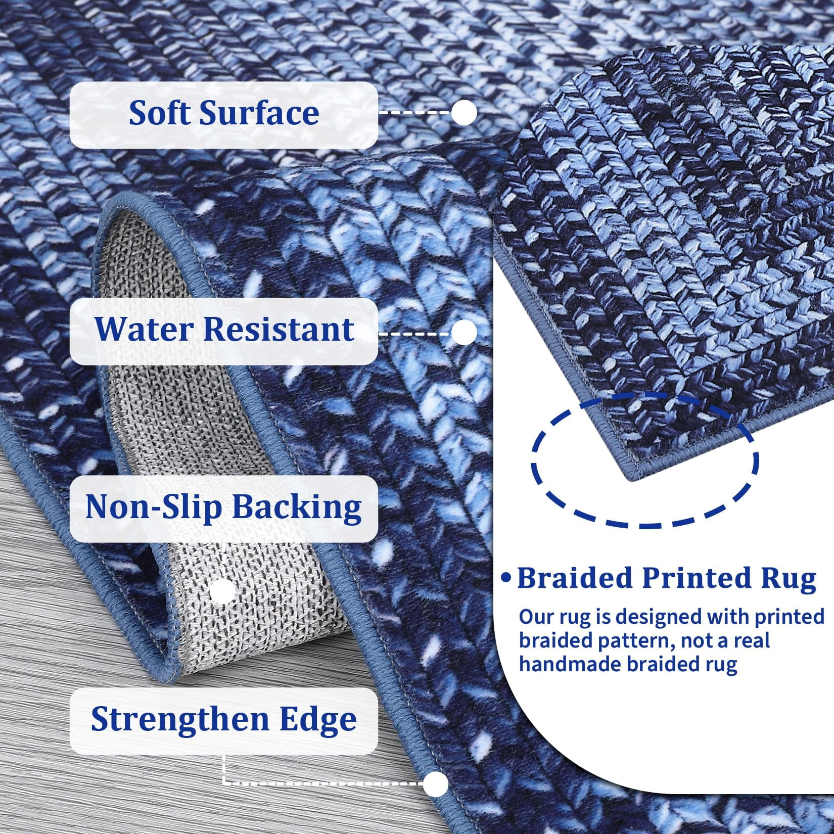 Modern Washable Area Rug 6'x9' Vintage Braided Print Non-Slip Low Pile Carpet for Living Room Bedroom Home Office, Navy Blue