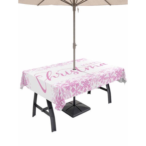 Outdoor Tablecloth with Umbrella Hole and Zipper, Pink Merry Christmas Rectangle Table Cloth 54x80 Inch Waterproof Tablecloth, Winter Snowflake Xmas Aesthetic Picnic Table Cover for Patio Camping