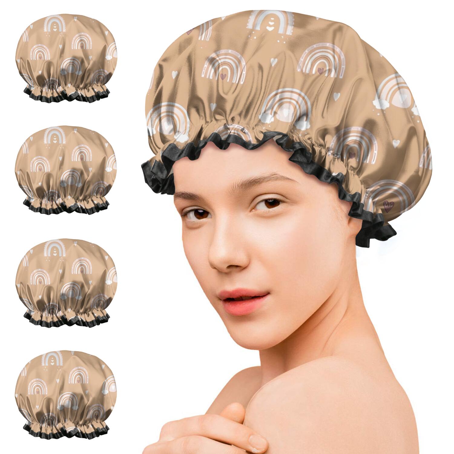 Shower Caps,Brown Boho Bohemia Rainbow Hearts Pattern Waterproof Shower Cap for Women 4 Pieces,Double Reusable Hair Cover for Shower PEVA Elastic Stretch Hem