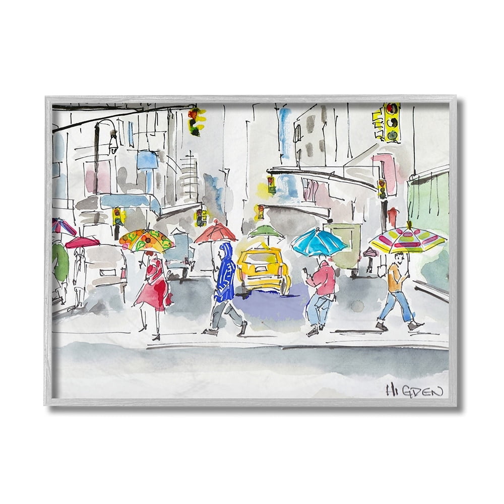 Stupell Industries Rainy Crosswalk Pedestrians Urban City People Gray Framed by Mark Higden