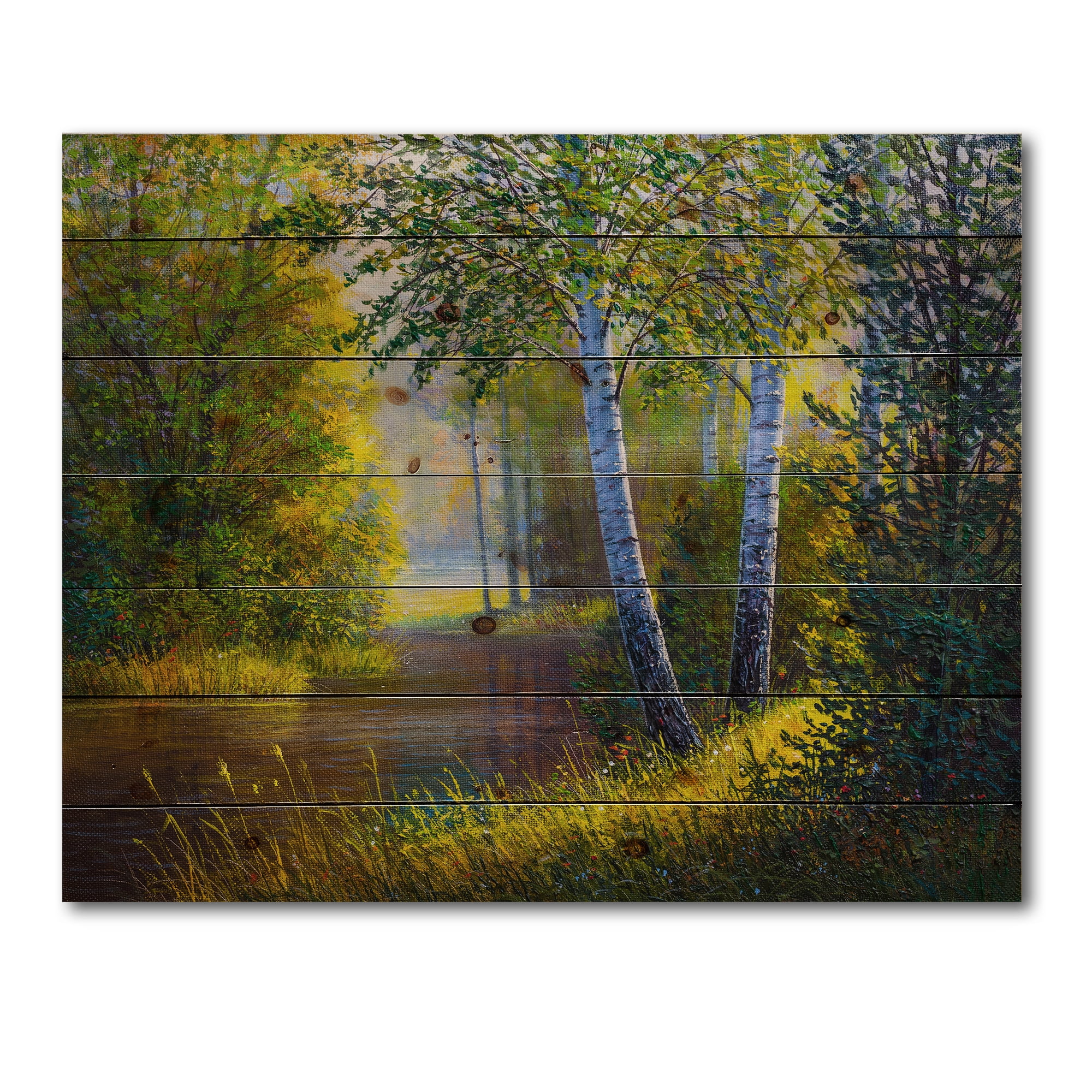 Designart 'Sunrise Glow Through The Birches II' Lake House Print on Natural Pine Wood