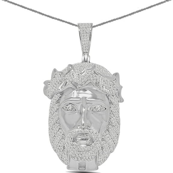 39  Grams Real Sterling Silver 2.85 Ctw. Simulated Diamond 14K White Gold Finish Jesus Face Piece Crown of Thorns Charm Pendant   Free Rope Chain