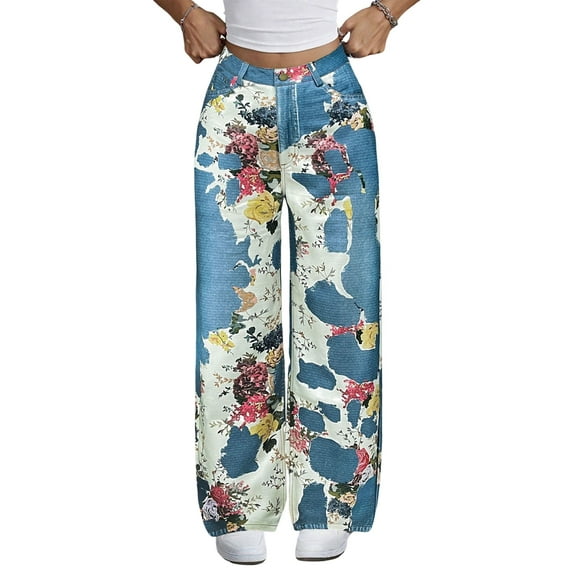 Women'S High Waisted Wide Leg Jeans Trendy Vintage Floral Print Denim Pants Colorful M
