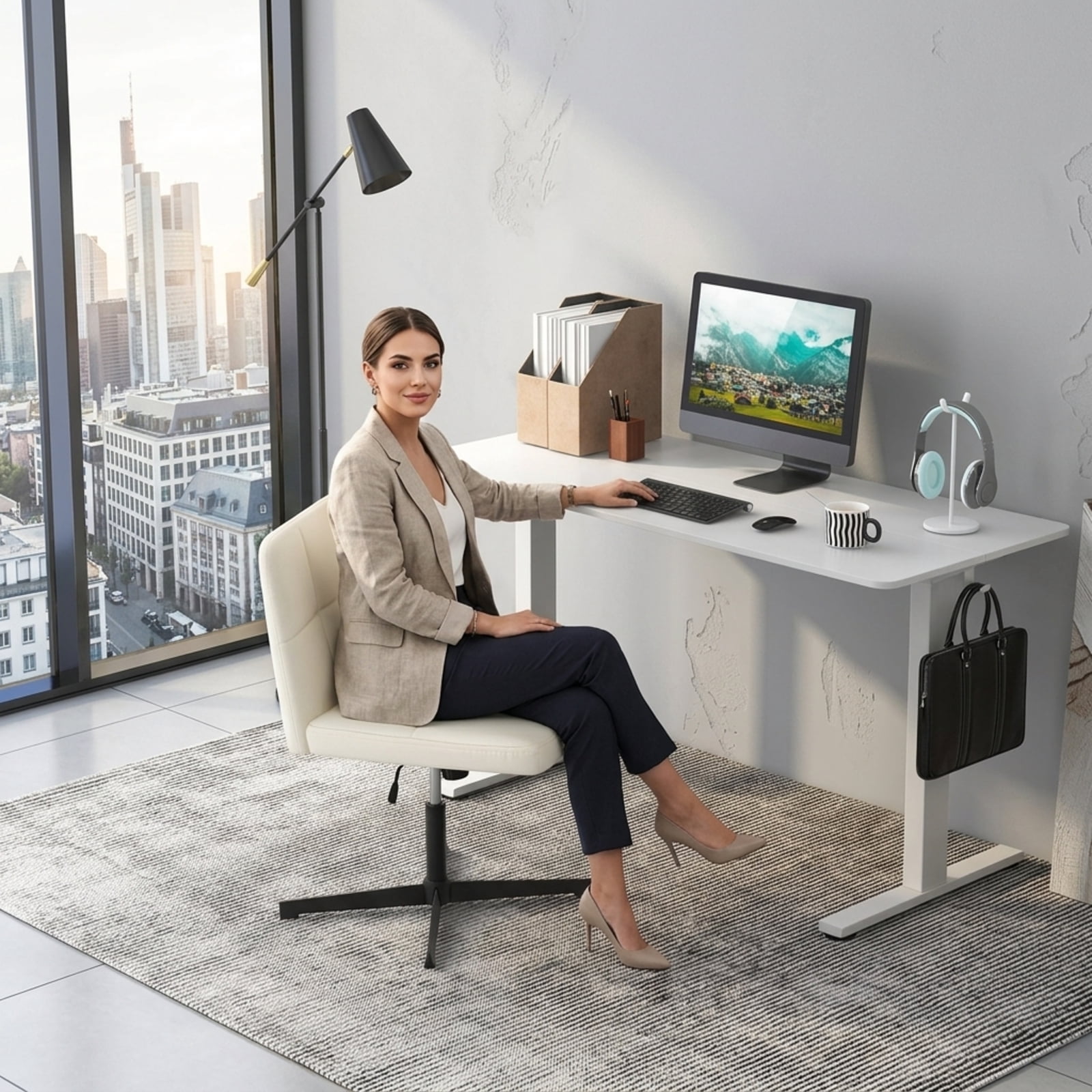 Furnibear PU Leather Upholstered Cross Legged Armless Office Chair with Oversized U Shaped Seat Swivel Rolling Vanity Desk Chair, Beige