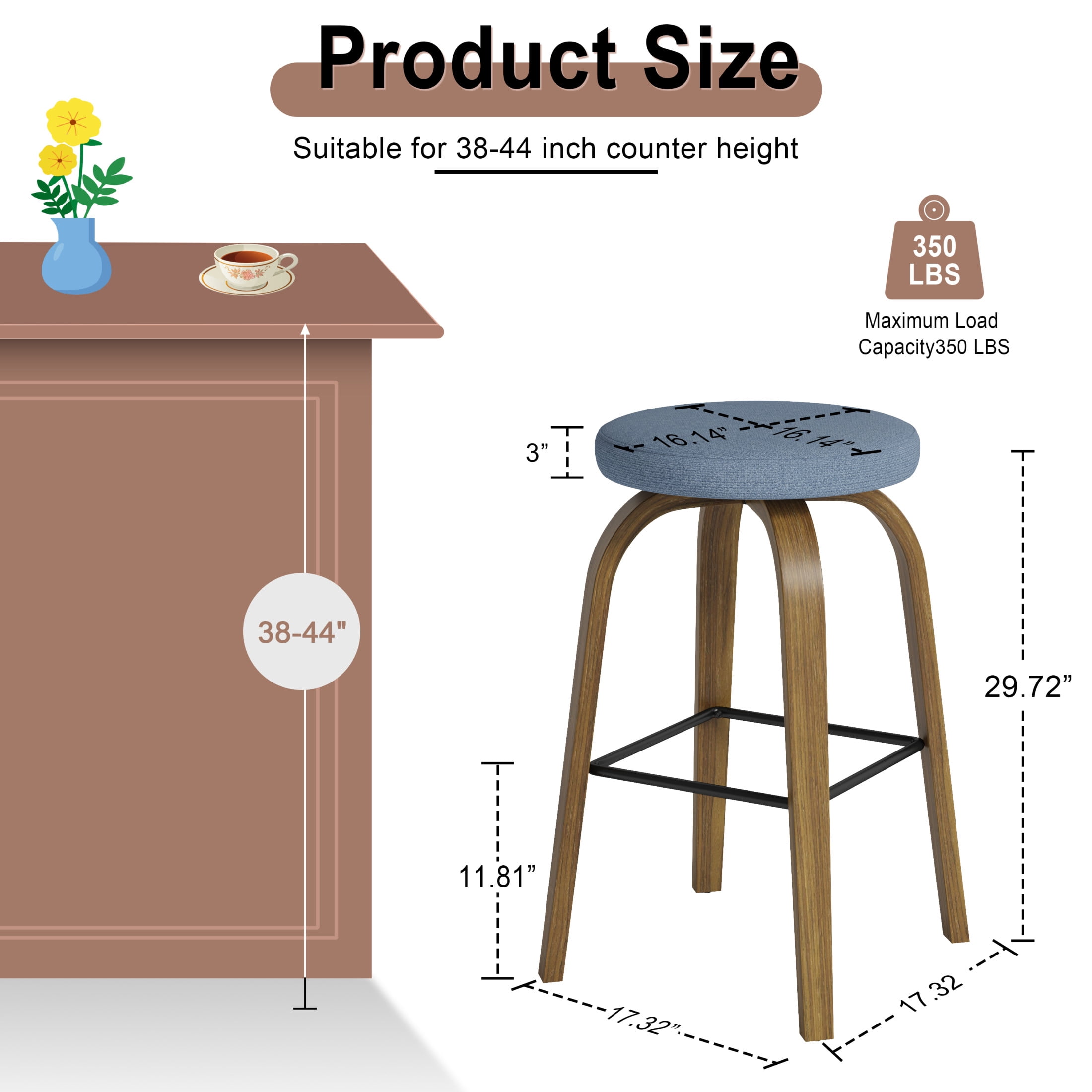 Noble House Florin 30" Swivel Backless Counter Height Bar Stools with Upholstered Seat & Bentwood Legs, Blue, Set of 2