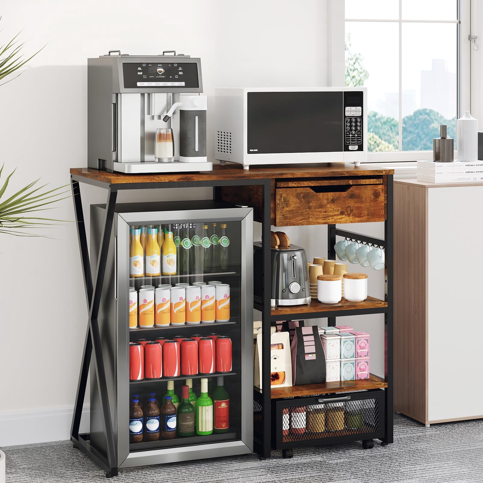 41.7" Mini Fridge Stand with Storage Shelf, 3-Tier Microwave & Coffee Bar Organizer with Basket and Pull-Out Tray for Dorm or Apartment