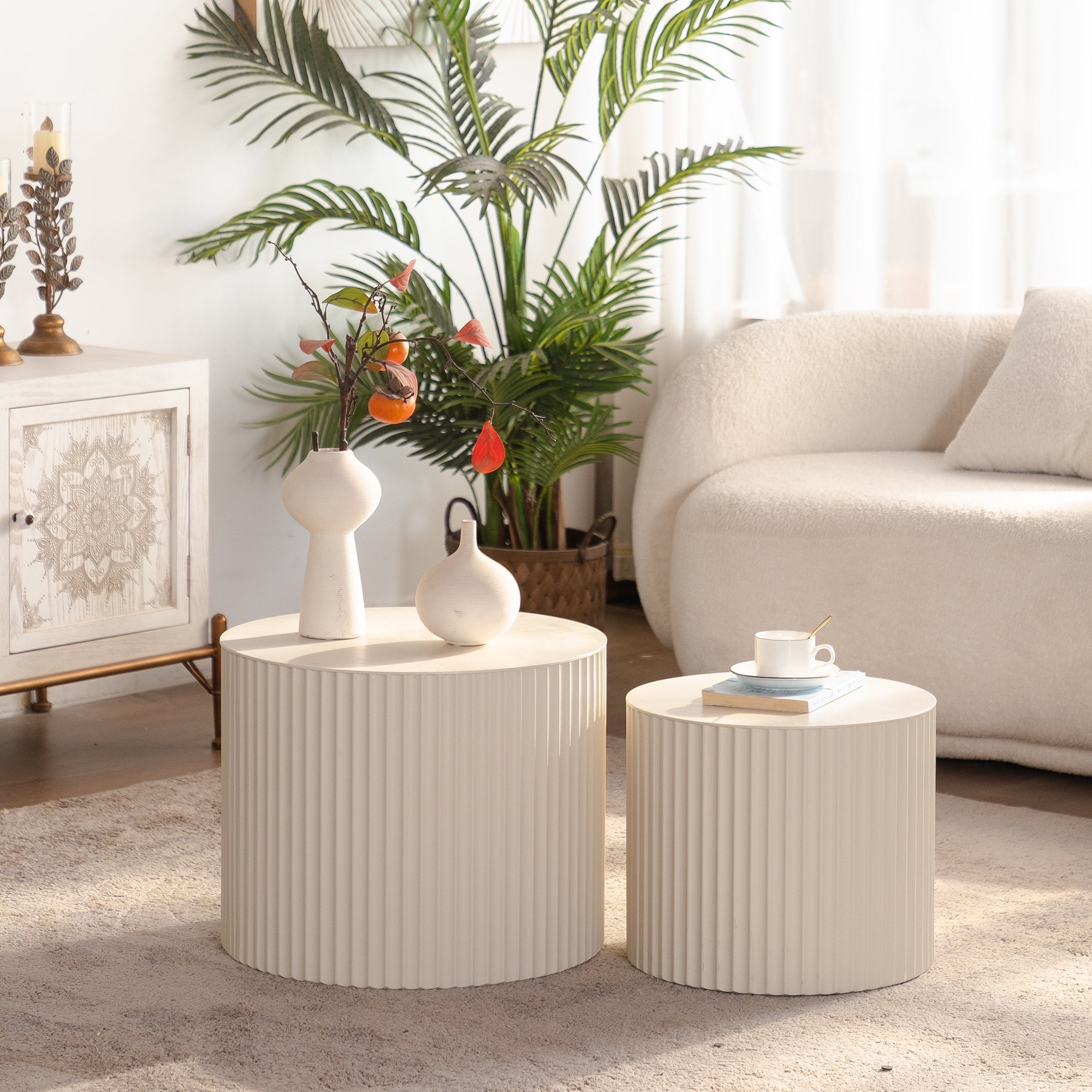 Leumius 33.86" Nesting Coffee Table Set of 2 Modern Drum Side Table End Table Wave Stripe Round Coffee Table for Living Room Beige 2