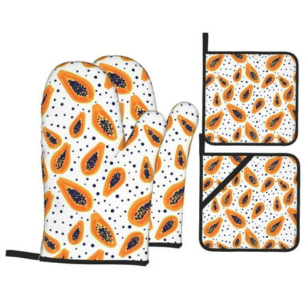 

Oven Mitts and Pot Holders 4 Piece Papaya polka dots High Heat Slip Resistant Oven Mitt and Trivets Set Kitchen Oven Glove Pot Holders for Cooking Baking Grilling