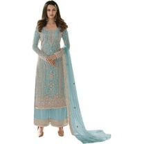 Event Wear Pakistani Indian Designer Shalwar Kameez Suits Sewn Plazo Dress ( Sky Blue, XXS - 34 )