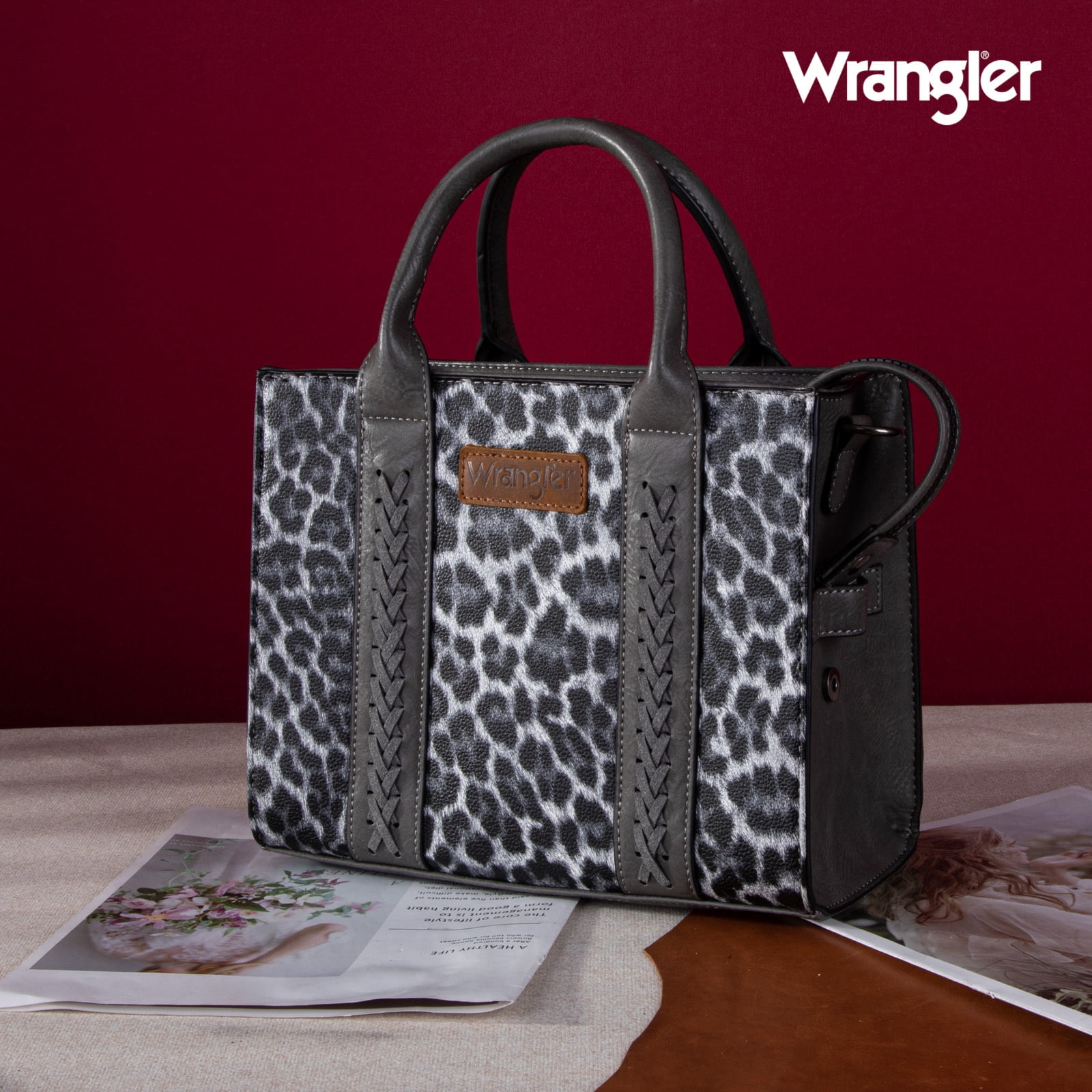 Wrangler Medium Tote Bag for Women Designer Satchel Handbags Top-handle Purses with Strap, Leopard-Light Grey