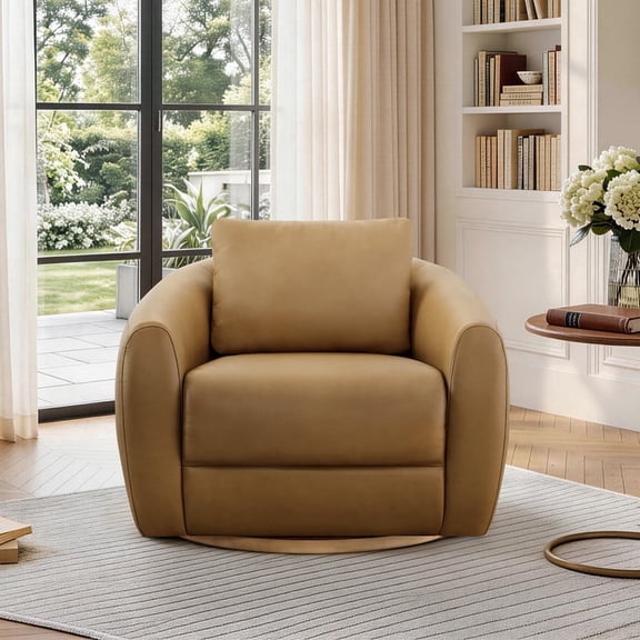 ReNest Genuine Leather Mid Century Modern 360° Swivel Accent Chair, Premium Top-Grain Leather, 28" Height, 350 lbs Capacity, Living Room Bedroom Reading Chair, Sand
