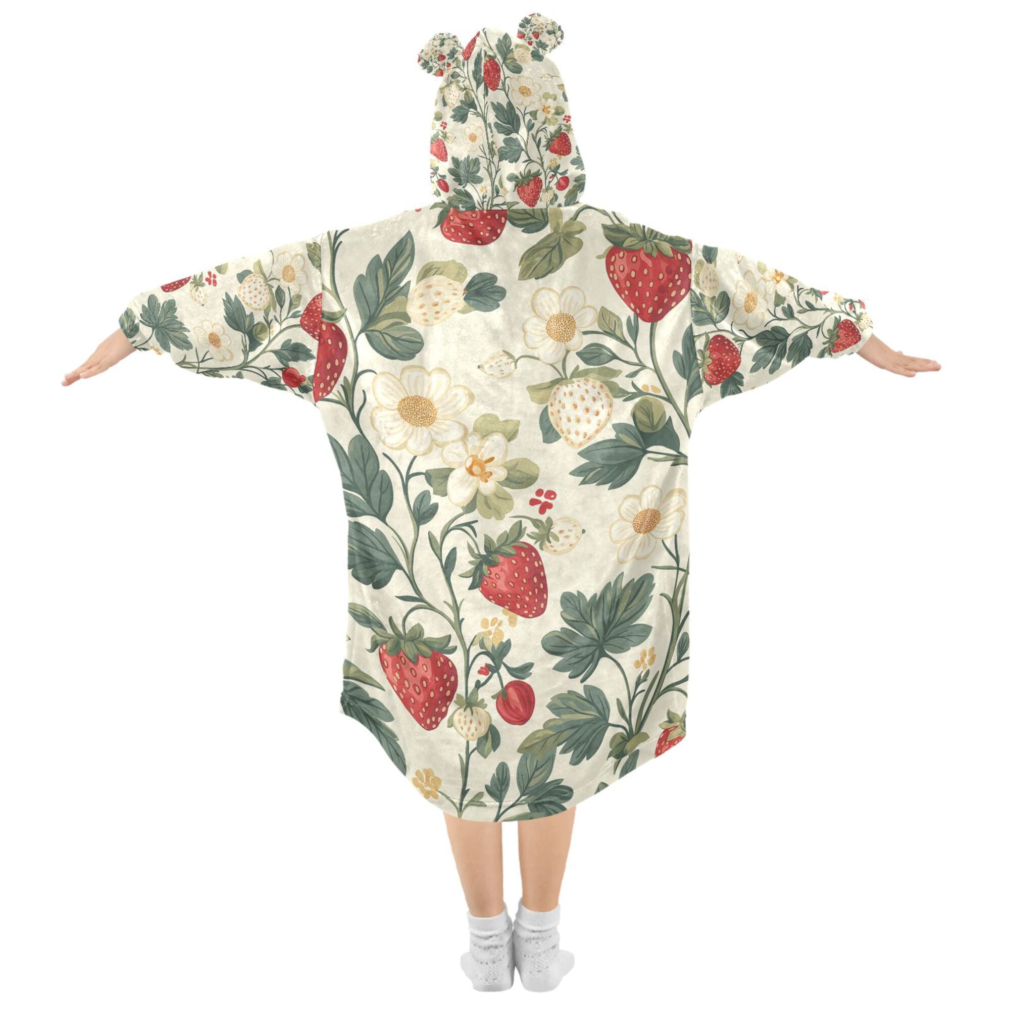 FORMRS Wearable Blanket Hoodie with Sleeves for Kids Cozy Flannel Sweatshirt, Small Strawberry Pattern