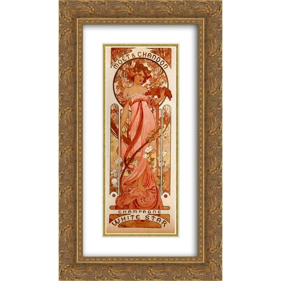 Alphonse Mucha 2x Matted 14x24 Gold Ornate Framed Art Print 'Moet and Chandon White Star'