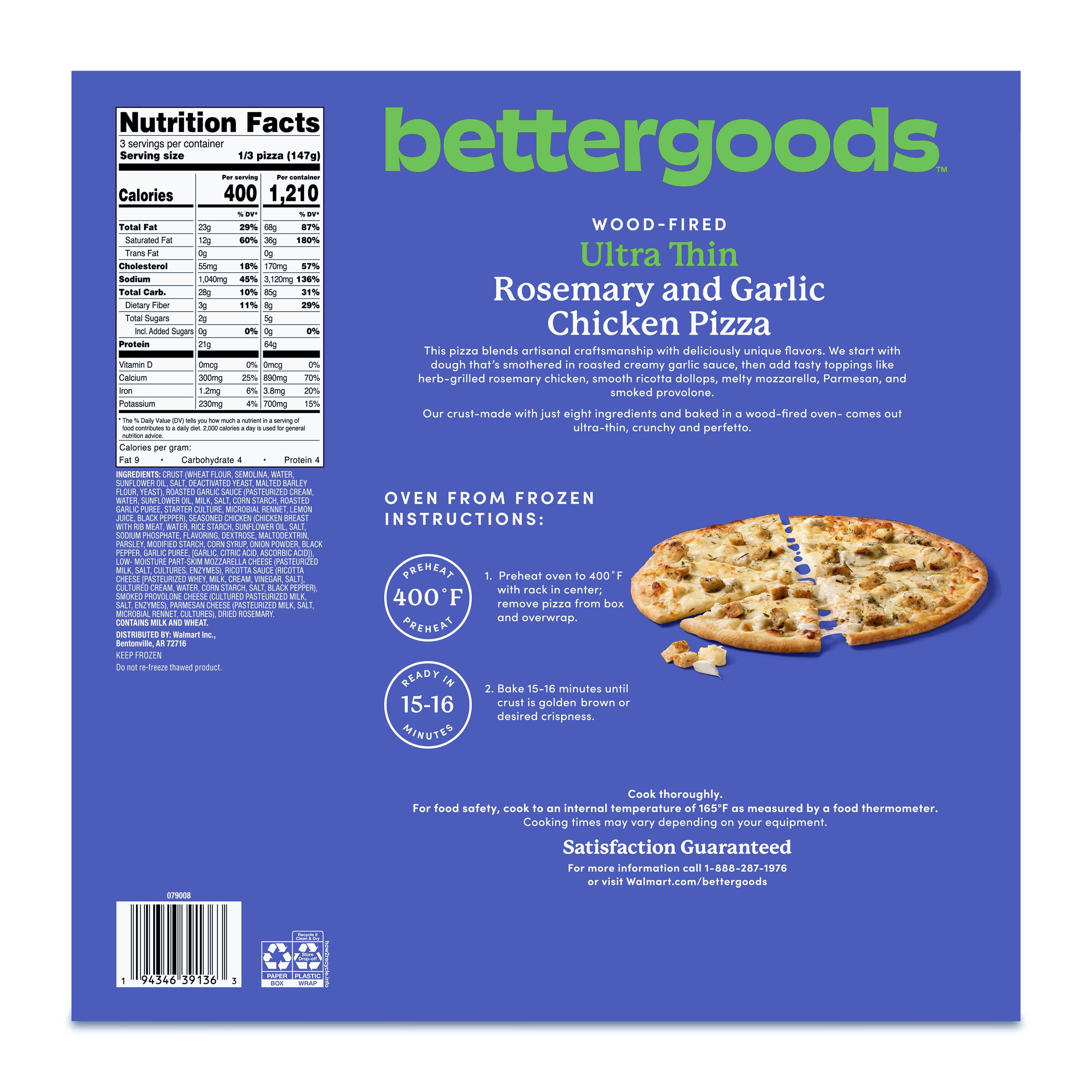 bettergoods Wood-Fired Ultra-Thin Roasted Garlic and Rosemary Chicken Pizza, 15.6 oz (Frozen)