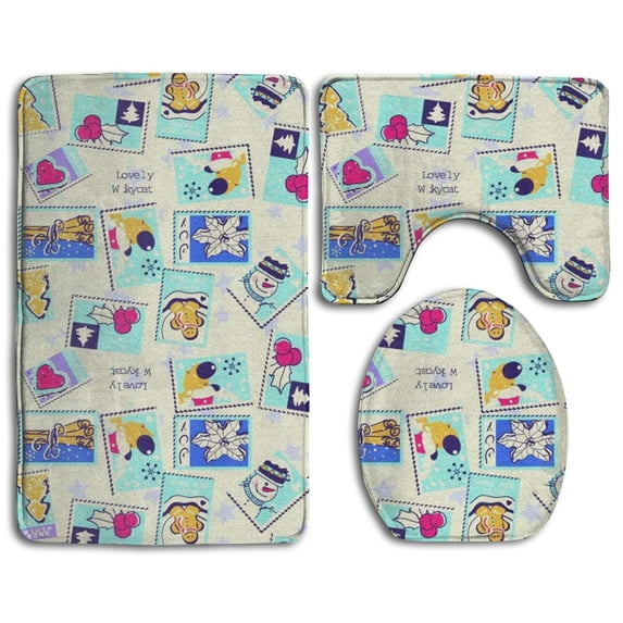 GOHAO Christmas Stamp 3 Piece Bathroom Rugs Set Bath Rug Contour Mat and Toilet Lid Cover