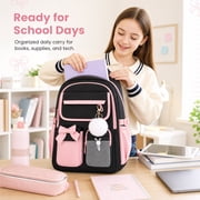 Girls School Backpack,Laptop Bookbag with Trolley Strap,Lightweight School Bag with Bow & Pom-Pom,Elementary Middle School Girls Backpack