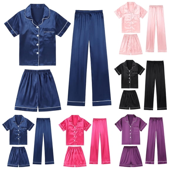 CAIXIA Girls Pajama Sets Size 6 3-Piece Matching Y2k Silk Pajamas Set Shorts & Pants with Pockets Sleepwear Lounge for Kids Kids Nightwear,78-Black