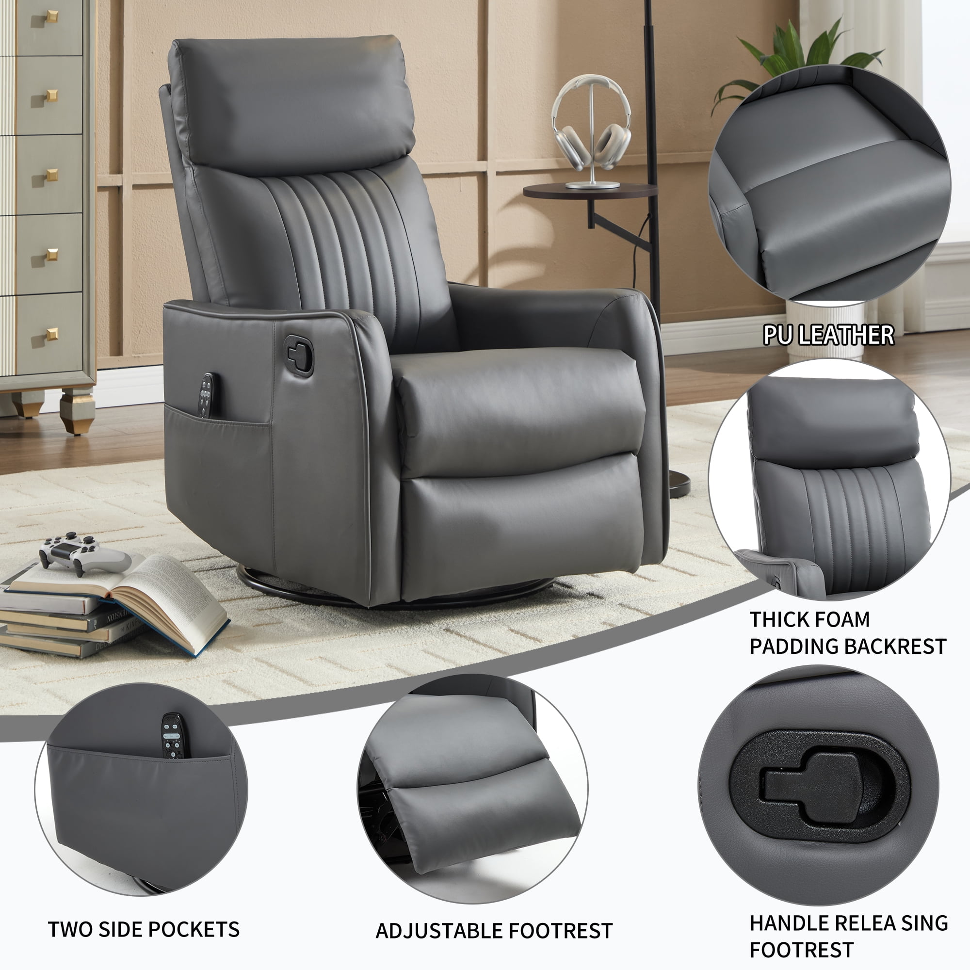 Leumius Manual Swivel Rocker Recliner Chair for Adults,Overstuffed Reclining Glider Chair with Vibration Massage & Heat,Upholstered Recliners with Side Pockets for Living Room,Grayish Green PU