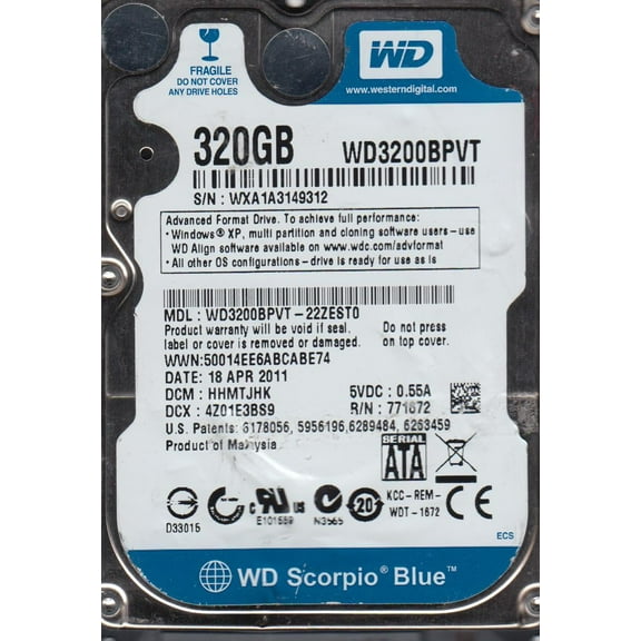 WD3200BPVT-22ZEST0, DCM HHMTJHK, Western Digital 320GB SATA 2.5 Hard Drive