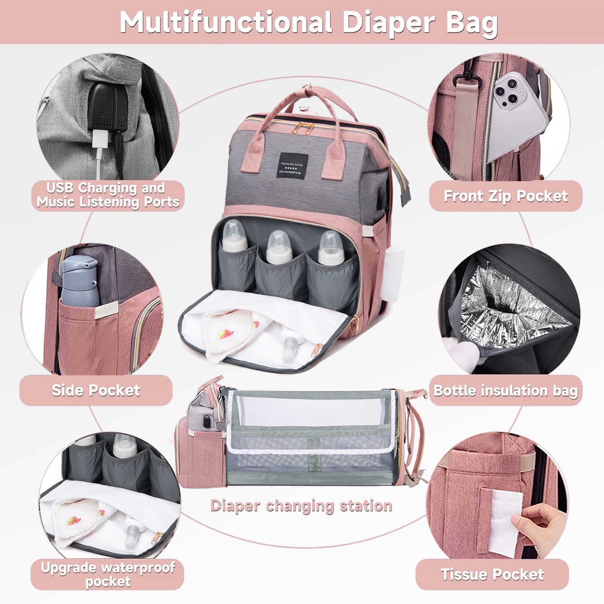 Anoak Baby Diaper Bag Backpack with Changing Station, Large Capacity Baby Bag, Waterproof Travel Backpack with USB Charging Port, Stroller Straps , Baby Shower Gifts
