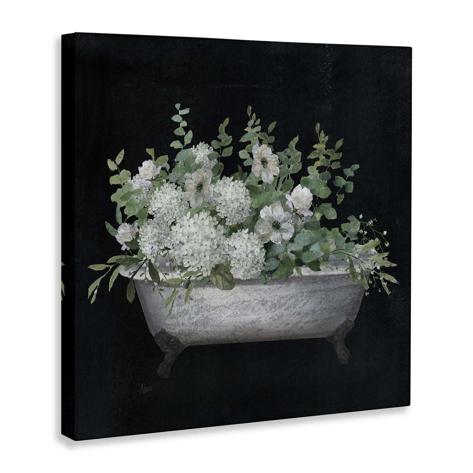 Stupell Industries Floral Bath on Black Typography Painting Gallery Wrapped Canvas Art Print Wall Art, 24 x 24