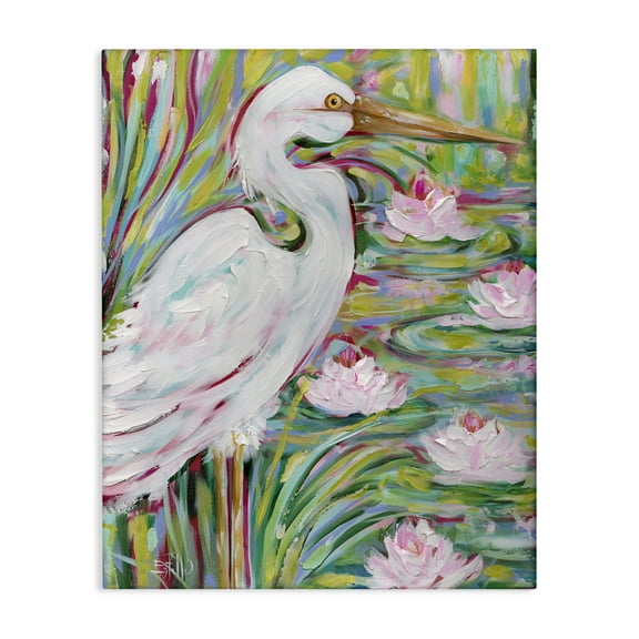 Stupell Industries Great White Egret & Lotus Animals Painting Wrapped Canvas Art Print Wall Art, 16 x 20