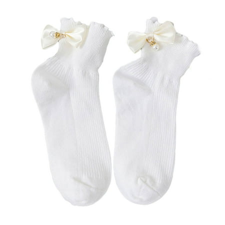 

SIEYIO Women Lolita Ribbed Cotton Crew Socks Japanese Preppy Style Sweet Pearl Pendant Bowknot Ruffled Trim Princess Hosiery