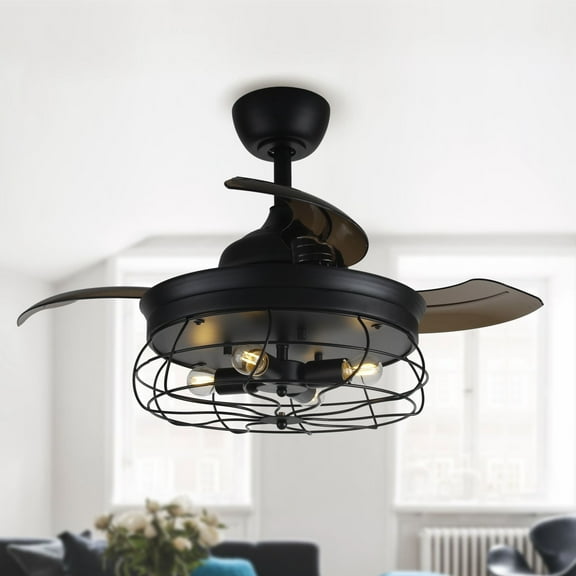 35-in Industrial Matte Black 4-Light 3-Blade Retractable Caged Ceiling Fan with Remote and Light Kit - 35-in W